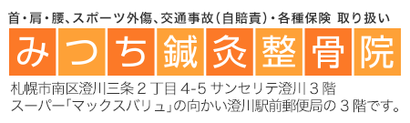 澄川駅前みつち鍼灸整骨院、腰痛・肩こり・ムチウチ・交通事故自賠責対応 首・肩・腰、スポーツ外傷、交通事故（自賠責）・各種保険 取り扱い。札幌市南区澄川三条2丁目4-5 サンセリテ澄川3階 スーパー「マックスバリュ」の向かい澄川駅前郵便局の3階です。